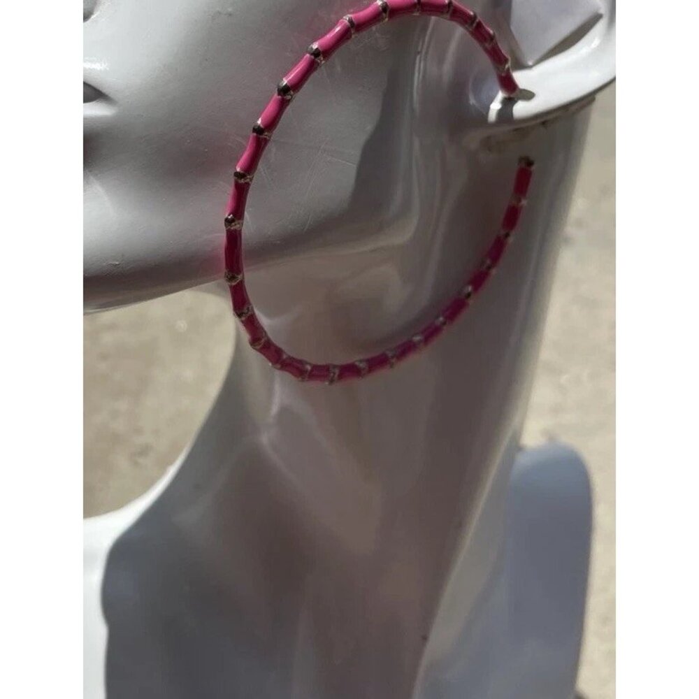 Vintage Large Hot Pink Silver Women’s Sz 8” Hoop Pierced Earrings Quality